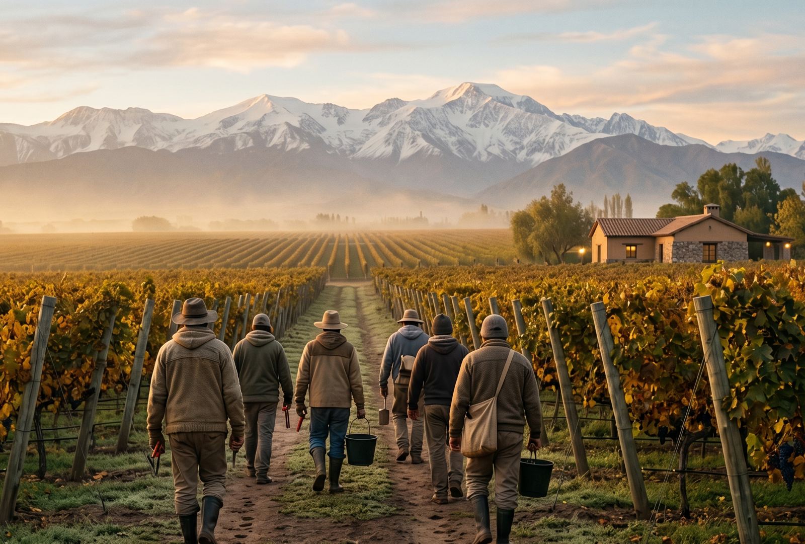 Trabajadores entrando al viñedo al atardecer en el Valle de Uco